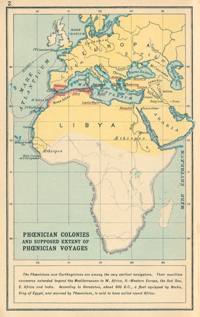Carte : Colonies phéniciennes et étendue supposée des voyages phéniciens (litho couleur) - English School