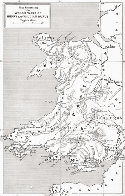 Carte illustrant les guerres galloises de Guillaume le Roux et Henri Ier, de 
