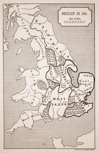 Carte de la Grande-Bretagne en 593, imprimée par Stanfords Geographical Establishment - English School
