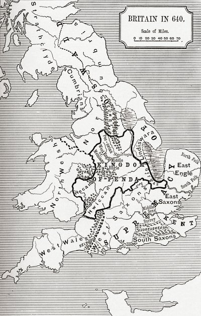Carte de la Grande-Bretagne en 640, du Royaume de Northumbrie dans 