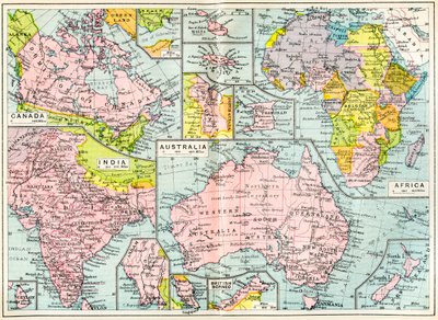 Carte des possessions britanniques en 1914 au début de la Première Guerre mondiale, tirée du Dictionnaire illustré moderne des universités britanniques, publié en 1914 - English School