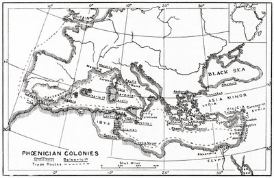 Carte des colonies phéniciennes et de ses routes commerciales méditerranéennes - English School