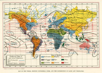 Carte du monde, montrant les lignes isothermes, la répartition des races et de la végétation (litho couleur) - English School