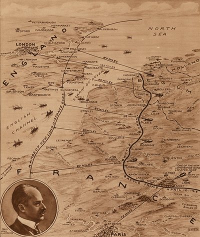 Carte montrant la portée des canons allemands atteignant l