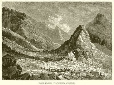 Carrières de marbre de Ravaccione, à Carrare (gravure) - English School