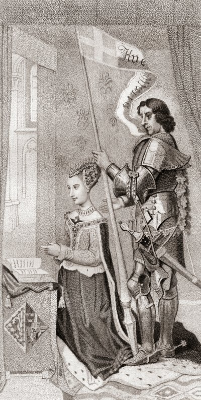 Marguerite de Danemark avec Saint Canute, patron du Danemark, derrière elle tenant une bannière montrant la croix des croisades - English School