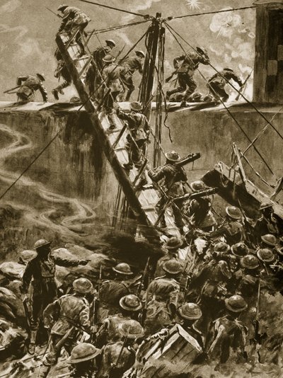 Marins et matelots surgissant dans les passerelles du H.M.S Vindictive, 1914-19 - English School