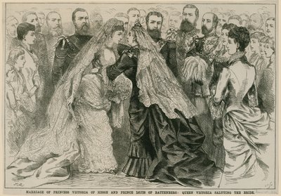 Mariage de la princesse Victoria de Hesse et du prince Louis de Battenberg, la reine Victoria saluant la mariée, 16 mai 1884 - English School