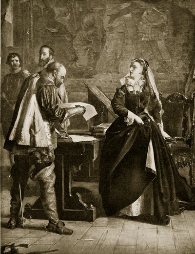 Marie Stuart signe son abdication, juillet 1567, illustration de Hutchinsons Story of the British Nation, c.1923 - English School