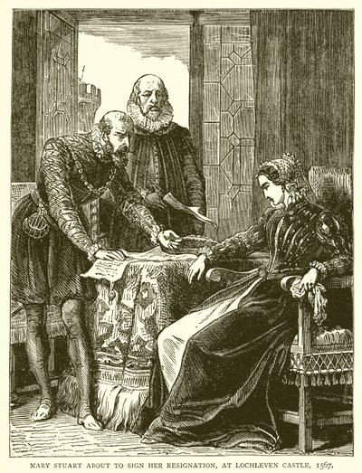 Marie Stuart signant sa démission, au château de Lochleven, 1567 - English School