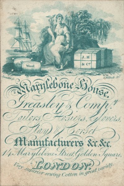 Marylebone House, Greasley & Co, tailleurs, bonnetiers, gantiers, fabricants de corsets, 14 Marylebone Street, Golden Square, carte de visite - English School