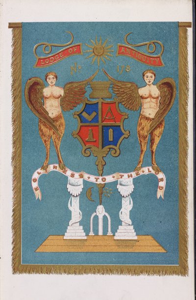 Emblème de la loge maçonnique montrant un blason avec des anges - English School