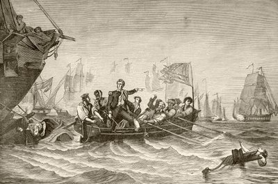 Le commandant en chef Oliver Hazard Perry transférant du brig US Lawrence au brig US Niagra pendant la bataille du lac Érié (lithographie) - English School