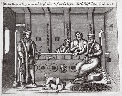 Maître Philpots dans la maison de charbon, où il a trouvé Thomas Whittle, prêtre, assis dans les stocks, illustration des Actes et Monuments de John Foxe, neuvième édition, pub. 1684 - English School