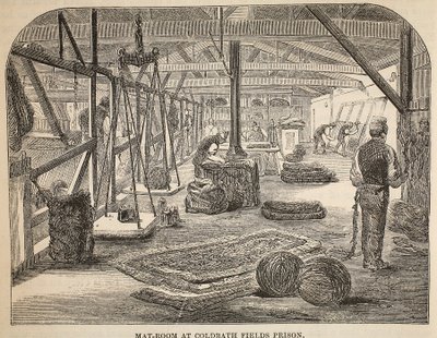 Salle de matelas à la prison de Coldbath Fields, illustration de The Criminal Prisons of London and Scenes from Prison Life par Henry Mayhew et John Binny, pub. 1862 - English School