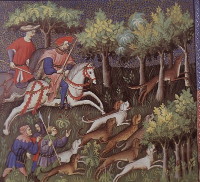 Aristocrates médiévaux chassant des renards - English School