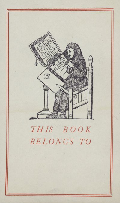 Scribe médiéval travaillant sur un manuscrit, étiquette de propriété de livre - English School
