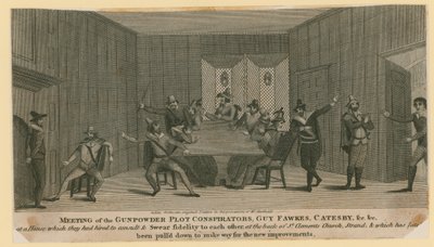 Réunion des conspirateurs du complot des poudres, Guy Fawkes, Catesby, etc. - English School