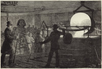 Fusion du métal pour le sphinx en bronze qui sera placé sur la digue de la Tamise (gravure) - English School