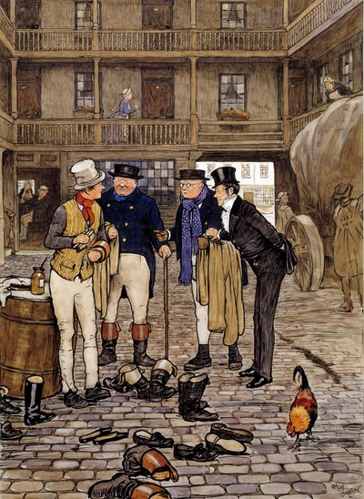 Les membres du club Pickwick rencontrent Sam Willer. Illustration des œuvres de Charles Dickens (1812-1870) de l