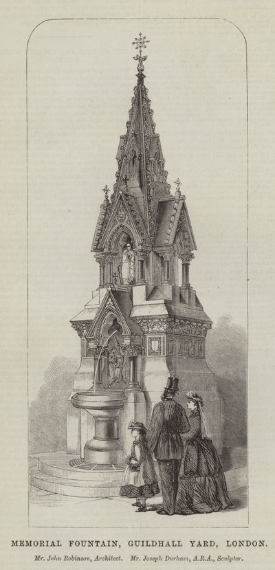 Fontaine Mémoriale, Cour du Guildhall, Londres, M. John Robinson, Architecte, M. Joseph Durham, ARA, Sculpteur (gravure) - English School