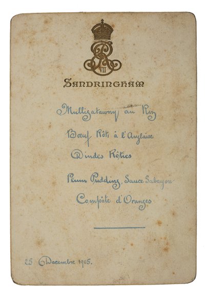 Menu pour le jour de Noël à Sandringham - English School
