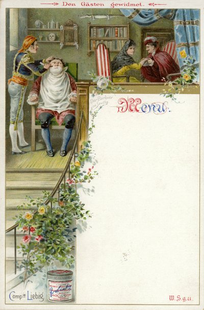 Menu avec une scène du Barbier de Séville et une publicité pour l