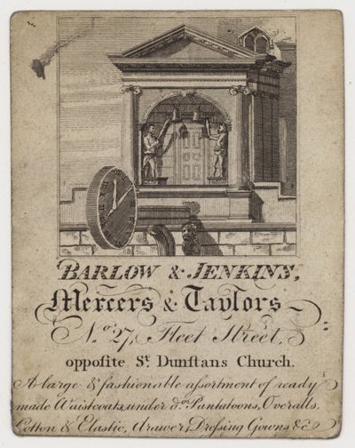 Mercier et tailleur, Barlow & Jenkins, carte de visite - English School