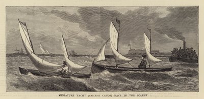 Course de yachts miniatures (canoës à voile) dans le Solent (gravure) - English School