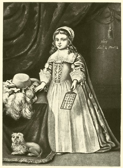 Miss Campion, tenant un livre de corne (gravure) - English School