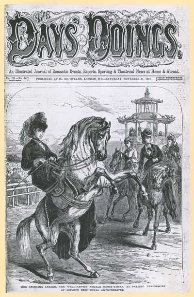 Miss Georgina Sanger, la célèbre dompteuse de chevaux, actuellement en représentation au New Royal Amphitheatre d