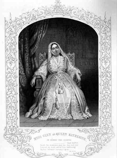Miss Glyn en reine Katherine, Acte IV Scène 2, dans Henry VIII ou Tout est vrai, de William Shakespeare (gravure) - English School
