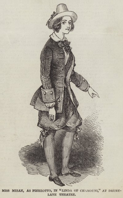 Mlle Miran, en Pierrotto, dans "Linda de Chamouni," au théâtre Drury-Lane (gravure) - English School