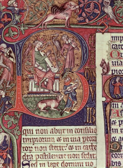 Initiale historiée B du Psautier de Peterborough représentant le roi David jouant de la harpe, anglais, vers 1310-20 - English School