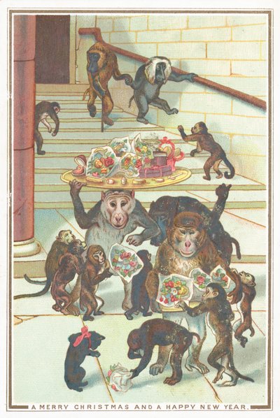 Singes portant des cadeaux, carte de Noël - English School