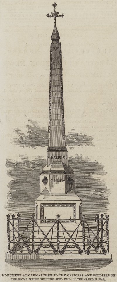 Monument à Carmarthen aux officiers et soldats des Royal Welch Fusiliers tombés pendant la guerre de Crimée (gravure) - English School