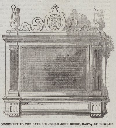 Monument au défunt Sir Josiah John Guest, baronnet, à Dowlais (gravure) - English School