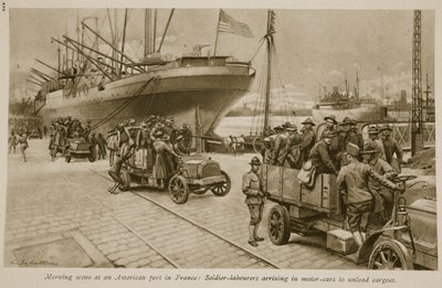 Scène matinale dans un port américain en France : ouvriers soldats arrivant en voitures pour décharger les cargaisons, 1914-19 - English School