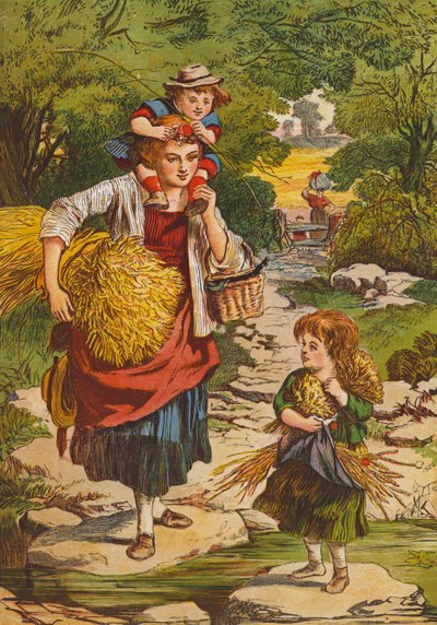 Mère et enfants rentrant chez eux après la récolte (lithographie couleur) - English School