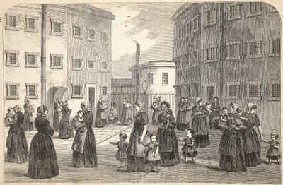 Mères, avec leurs enfants, exerçant à la prison de Tothill Fields, illustration de The Criminal Prisons of London and Scenes from Prison Life par Henry Mayhew et John Binny, pub. 1862 - English School