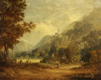 Paysage de montagne avec église et ferme - English School