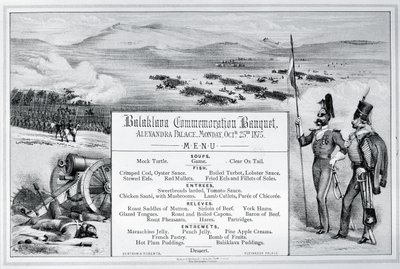 Menu illustré monté pour le Banquet de Commémoration de Balaklava tenu au Palais Alexandra, 25 octobre 1875 - English School