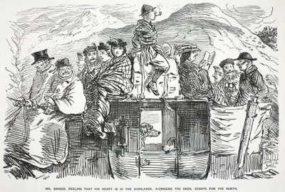 M. Briggs, sentant que son cœur est dans les Highlands, à la chasse aux cerfs, part pour le Nord, illustration de Punch - English School