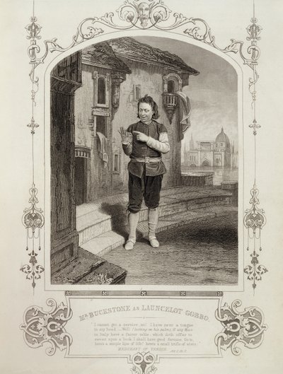 M. Buckstone en Lancelot Gobbo, Acte II Scène 2, dans Le Marchand de Venise de William Shakespeare (1564-1616) - English School