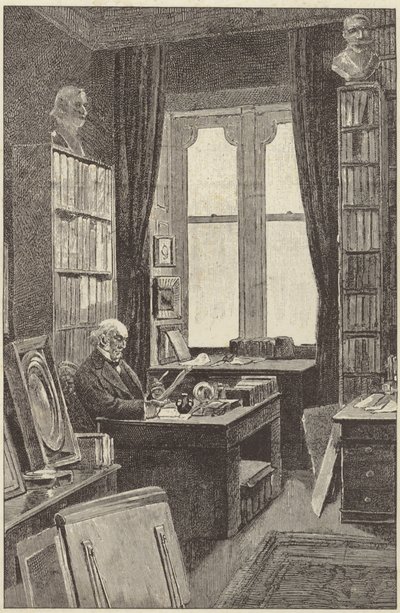 M. Gladstone dans sa bibliothèque au château de Hawarden - English School