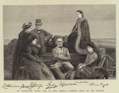 La récente visite de M. Gladstone au château de Deal, un groupe de portraits sur les remparts (gravure) - English School