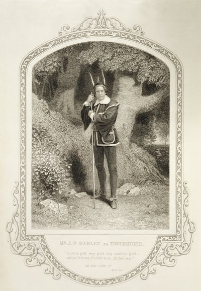M. J.P. Harley en Touchstone, Acte V Scène 1, dans Comme il vous plaira de William Shakespeare (1564-1616) gravé par George Hollis (1792-1842) d