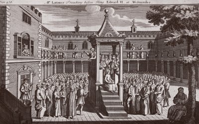 M. Latimer prêchant devant le roi Édouard VI à Westminster, illustration des Martyrs de Foxe vers 1703 - English School