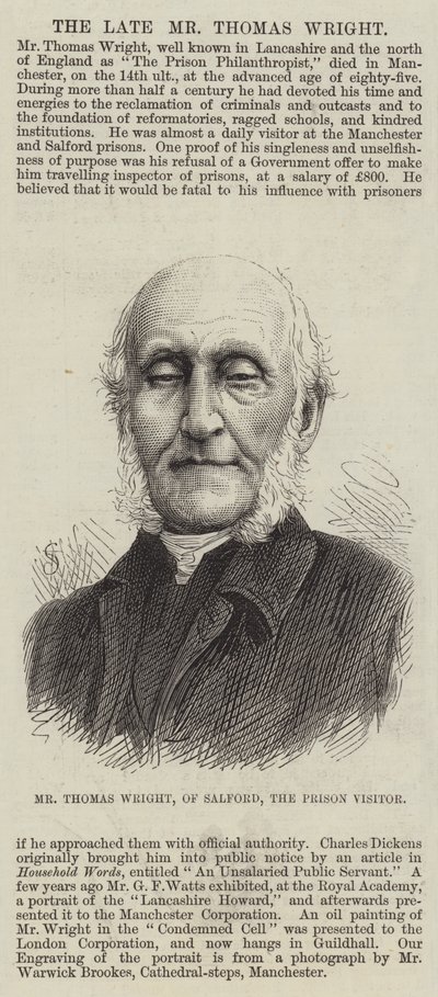 M. Thomas Wright, de Salford, le visiteur de prison (gravure) - English School
