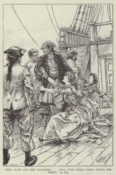 "Mme Glass et sa fille se sont agenouillées en demandant grâce" (gravure) - English School